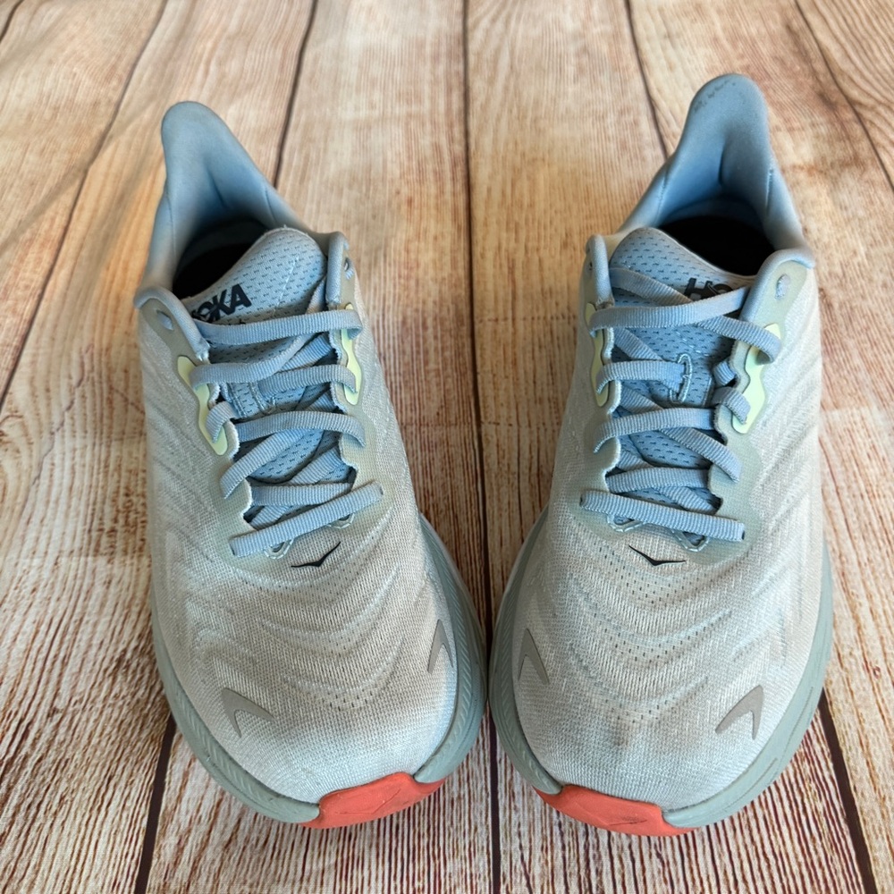 Hoka Athletic Shoes in Light Gray and Coral